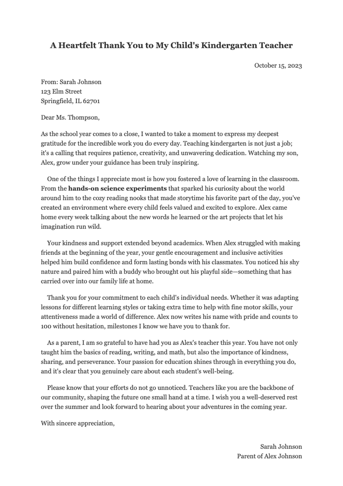 Kindergarten teacher appreciation letter with personal message and summer wishes_variant_2